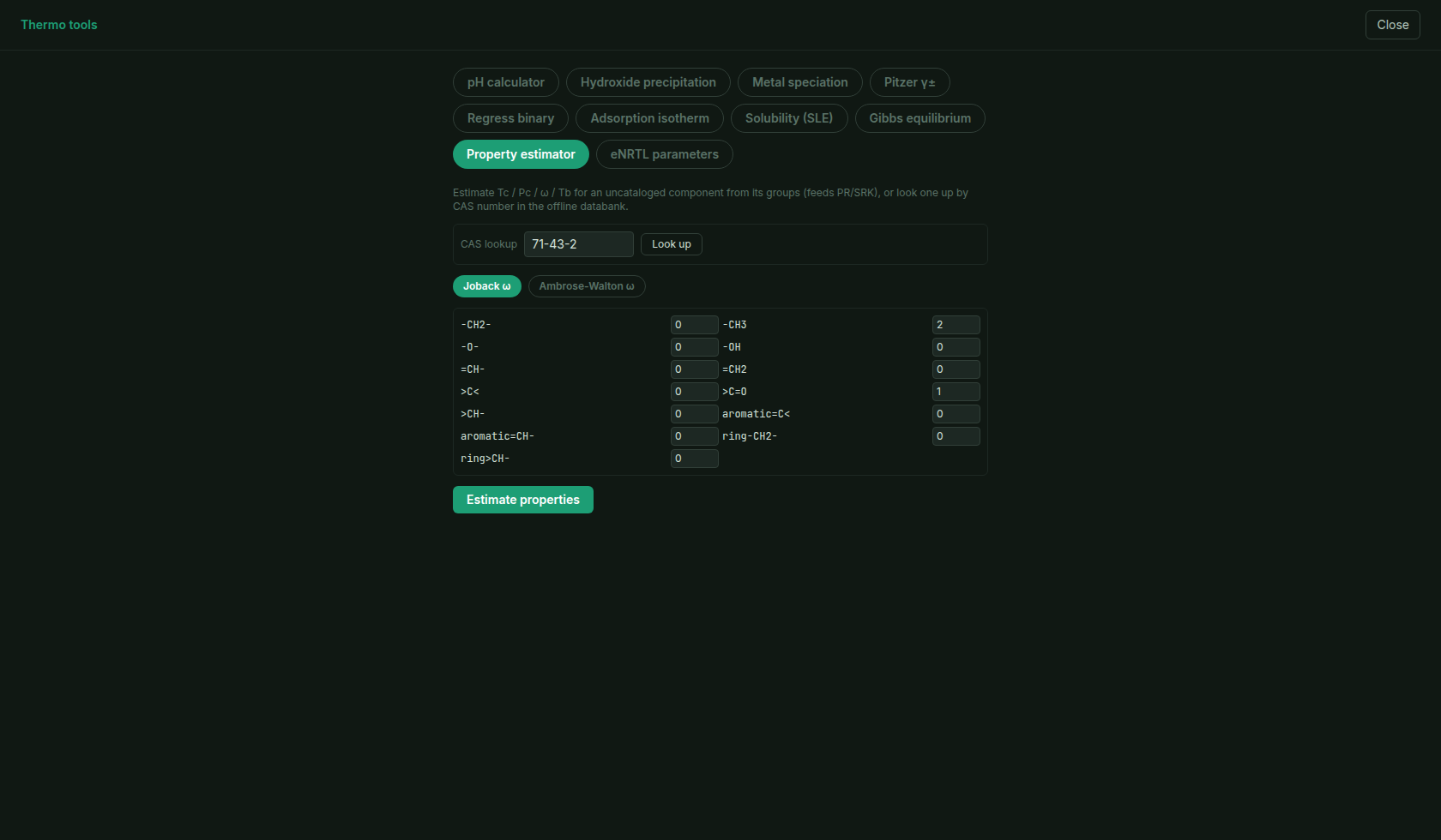 The MaximaLabs Thermo tools 'Property estimator' tab: a CAS-number lookup, a Joback vs Ambrose-Walton toggle, and a grid of molecular-group counts (-CH3, -OH, >C=O, aromatic carbons, …) feeding an 'Estimate properties' button that returns Tc, Pc, Tb, and ω.