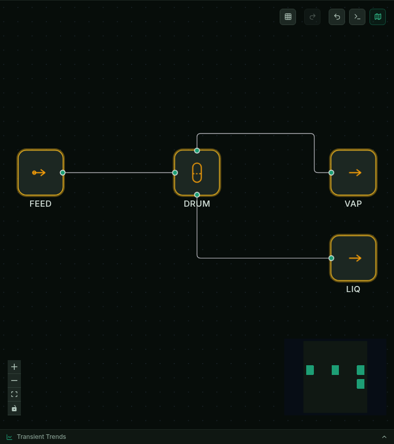 The MaximaLabs canvas: a FEED node into a flash DRUM, which splits into a VAP (vapor) product and a LIQ (liquid) product.