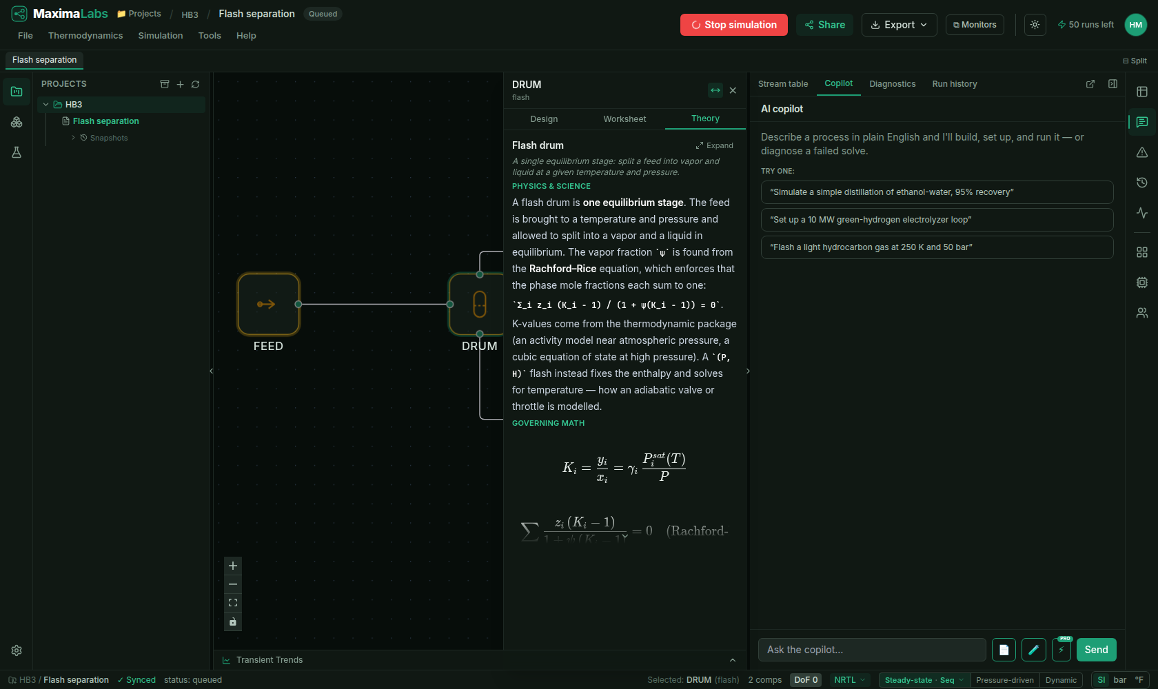 The MaximaLabs flash drum 'Theory' tab: a plain-English description of a flash as one equilibrium stage, the Rachford-Rice equation as text, and KaTeX-rendered K-value and Rachford-Rice equations under 'Governing math'.