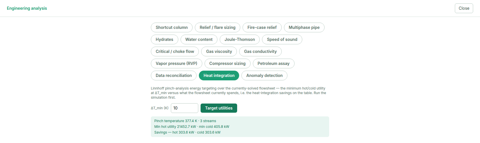 The MaximaLabs pinch heat-integration result: pinch temperature, number of streams, minimum hot and cold utility, and the hot/cold utility savings available versus the current design.