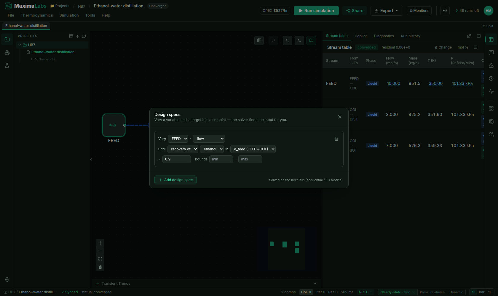 The MaximaLabs Design Spec panel: a spec that varies a manipulated column parameter until a target (recovery/purity) reaches a setpoint, with bounds.