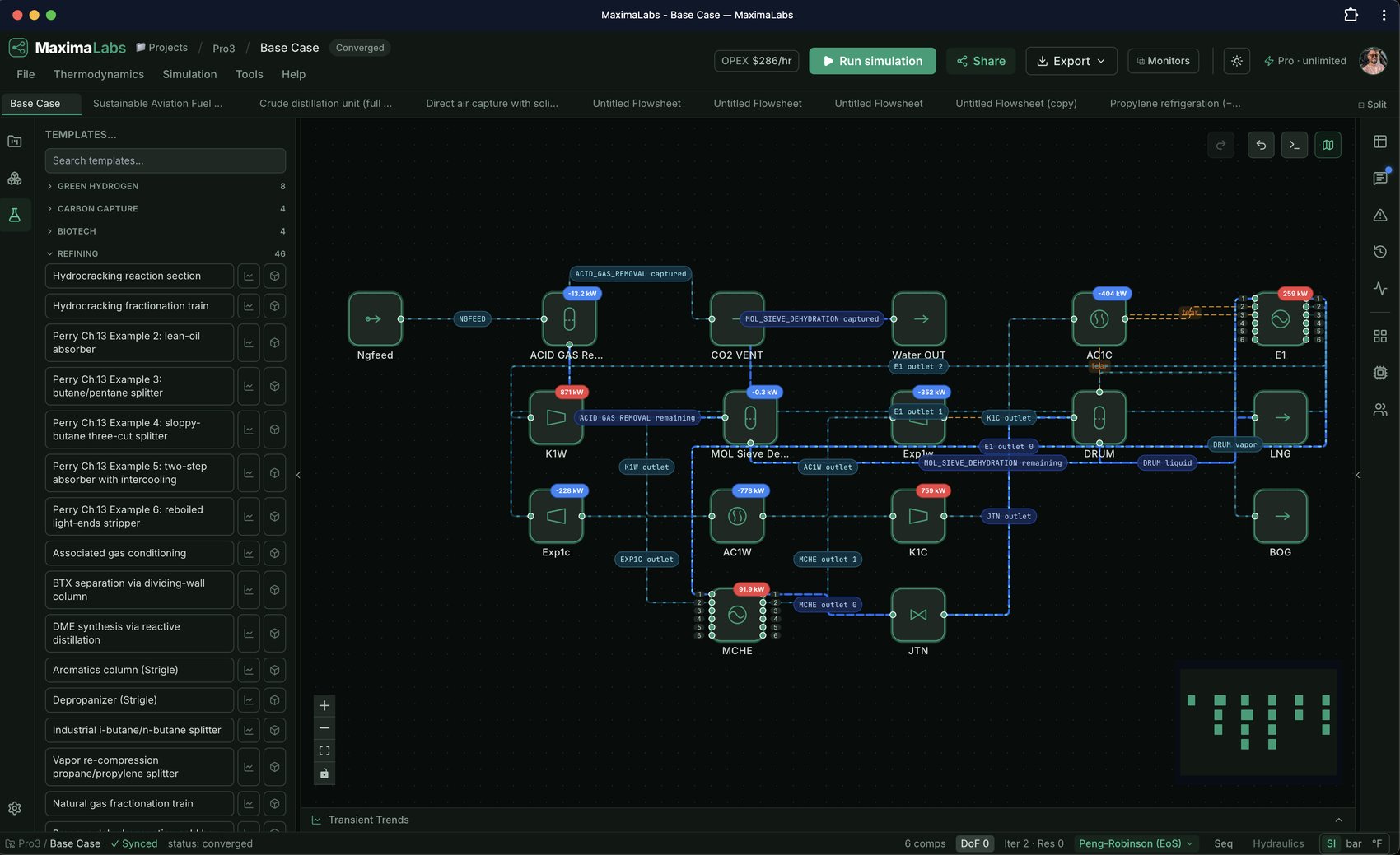 MaximaLabs template library — searchable, categorized flowsheet templates including Green Hydrogen, Carbon Capture, Biotech, and 46 Refining models